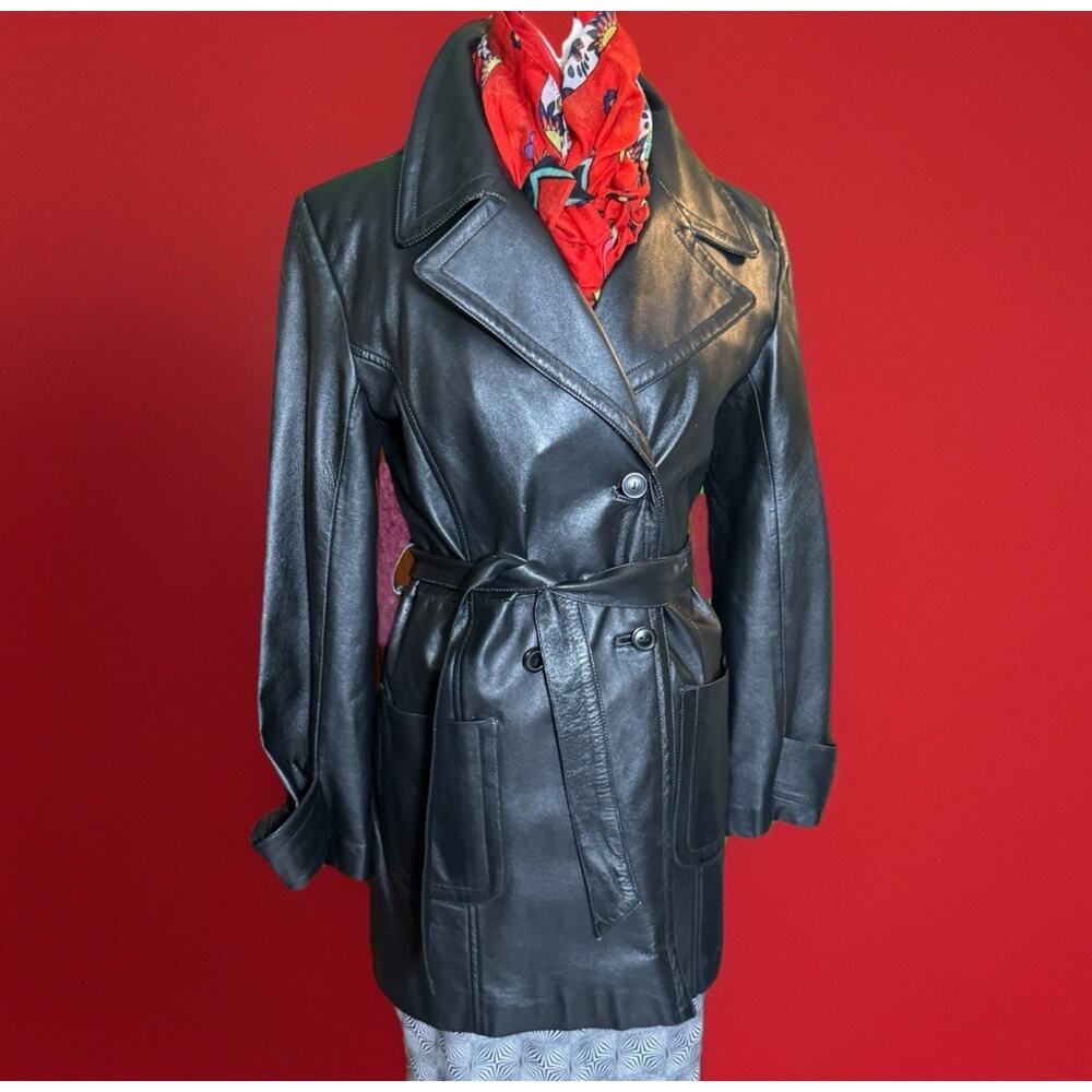 Vintage Black Leather Bagatelle Trench Coat | Belted | Quiet Luxury | Minimalist
